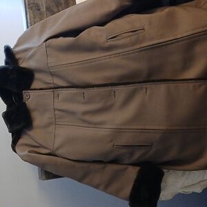 Vintage Union Label Hooded Tan Dress Coat faux fur collar cuffs, detachable hood